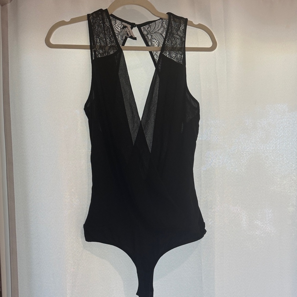 Bebe Black Sheer Lace Bodysuit